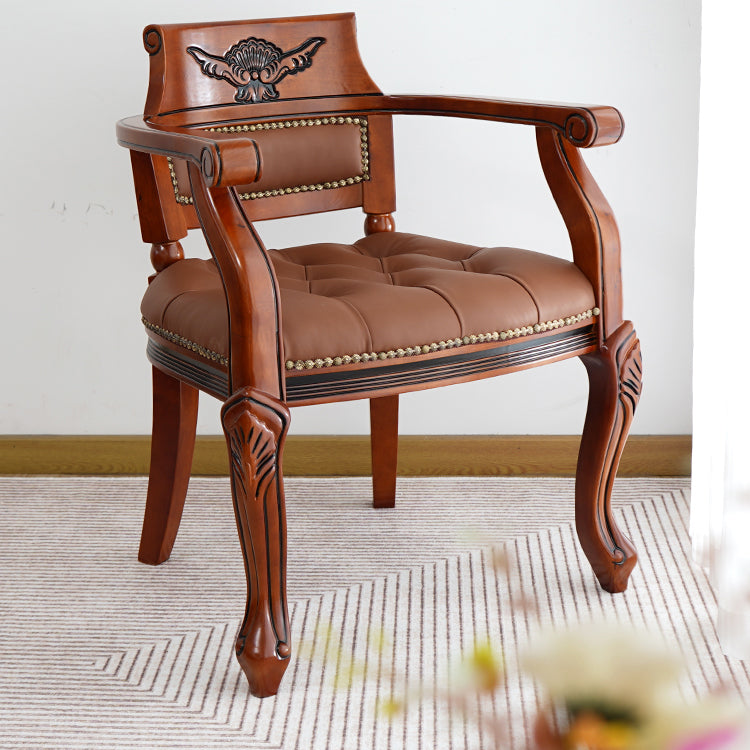 Rustic Style Dining Chair Leather Solid Wood Arm Chair for Home