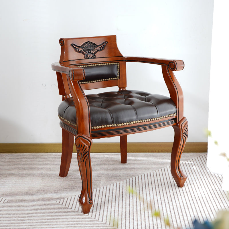 Rustic Style Dining Chair Leather Solid Wood Arm Chair for Home