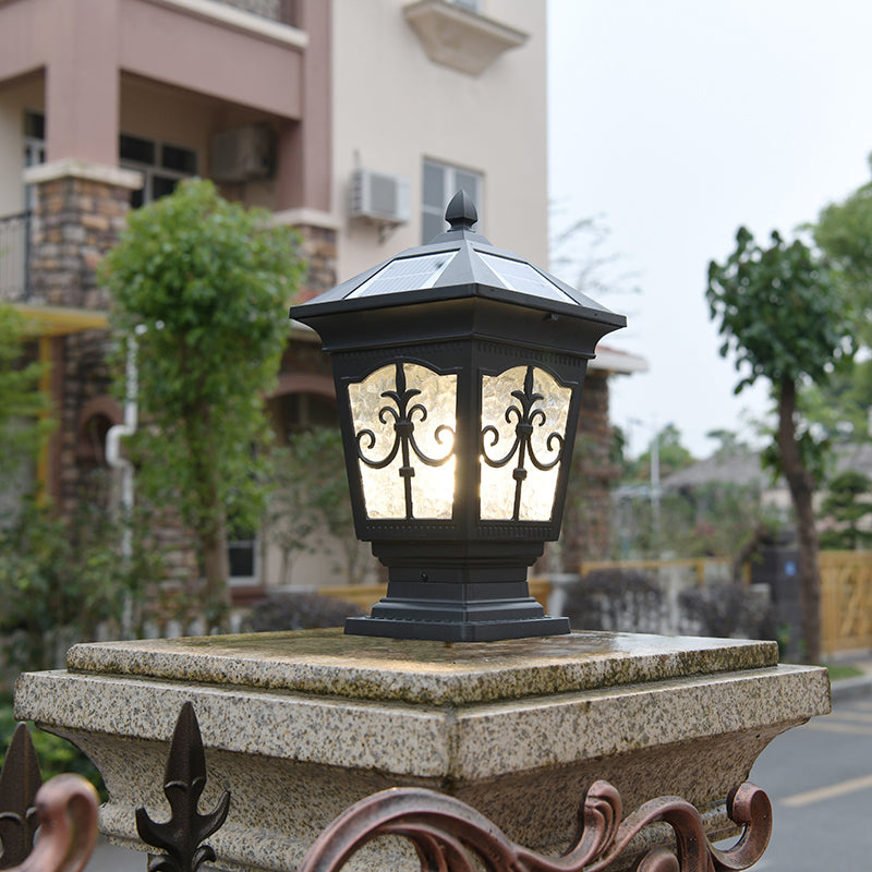 1-Light Pillar Lamp Aluminum Solar Lighting Fixture with Glass Shade for Garden