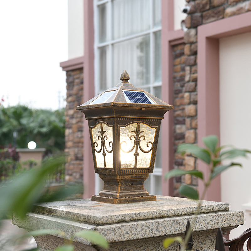 1-Light Pillar Lamp Aluminum Solar Lighting Fixture with Glass Shade for Garden