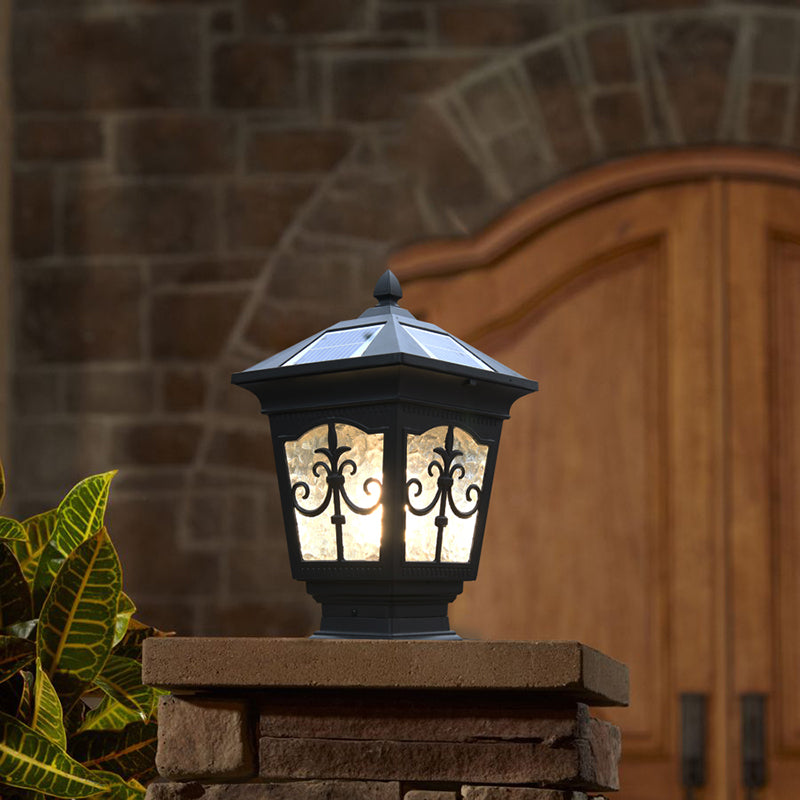 1-Light Pillar Lamp Aluminum Solar Lighting Fixture with Glass Shade for Garden