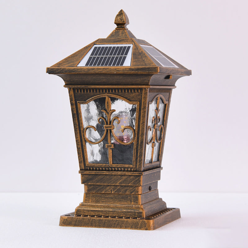 1-Light Pillar Lamp Aluminum Solar Lighting Fixture with Glass Shade for Garden