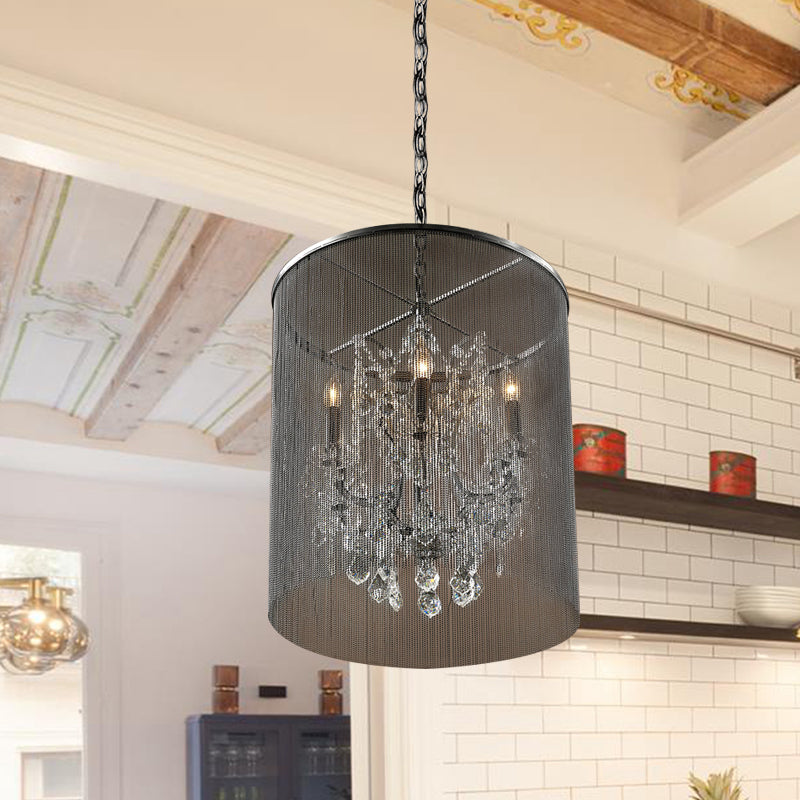 Tassels Metal Pendant Lighting Industrial 6 Bulbs Restaurant Ceiling Chandelier in Black with Crystal Accent