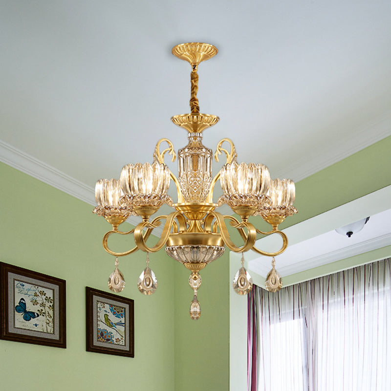 Traditional Lotus Hanging Chandelier 3/5-Light Clear Crystal Glass Ceiling Pendant Lamp in Brass