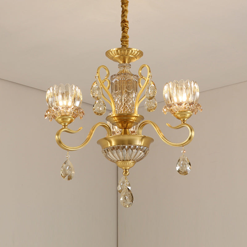Traditional Lotus Hanging Chandelier 3/5-Light Clear Crystal Glass Ceiling Pendant Lamp in Brass
