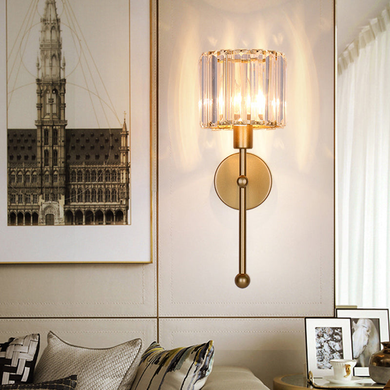 Modern Metal Wall Sconce Cylinder Shape Vanity Lamp with Crystal Shade for Bathroom