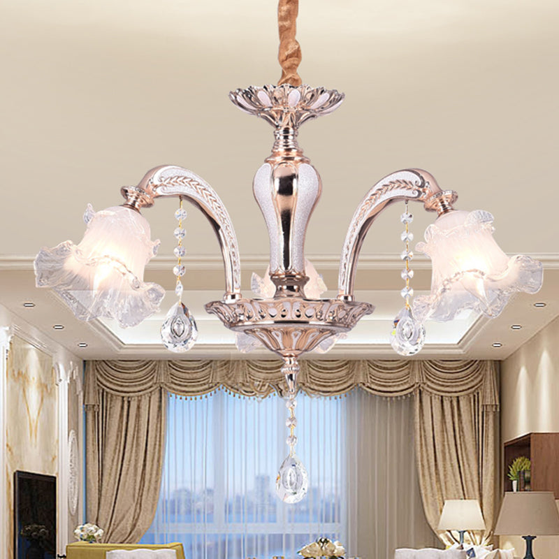 3/6 teste il lampadario a soffitto floreale tradizionale a sospensione in cristallo oro per camera da letto