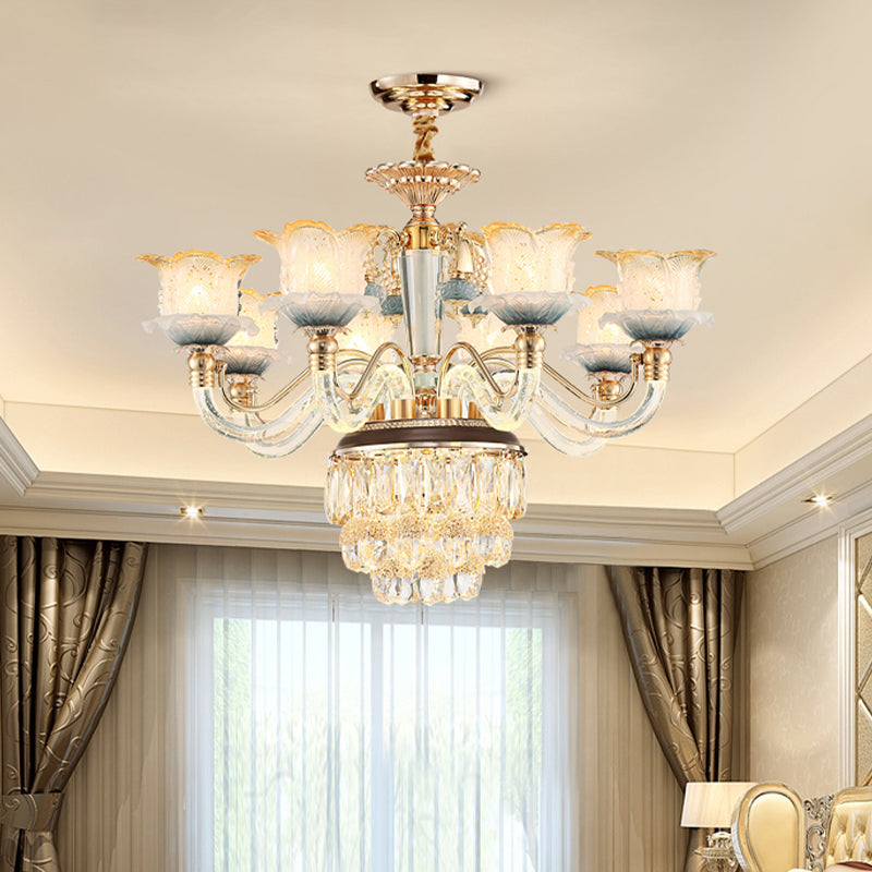 Bloemkristalhangend plafondlicht traditionele 8-bol woonkamer kroonluchter lamp in goud