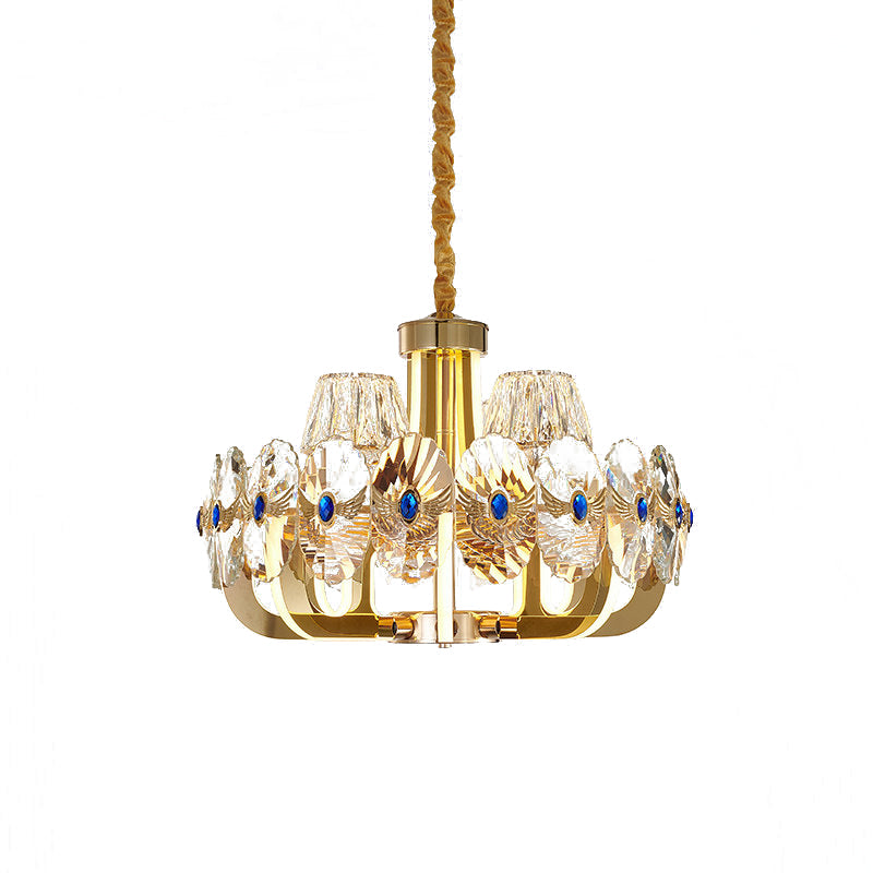Round Panel Crystal Pendant Chandelier Modernist 8 Bulbs Living Room LED Ceiling Hang Fixture in Gold with Cone Shade