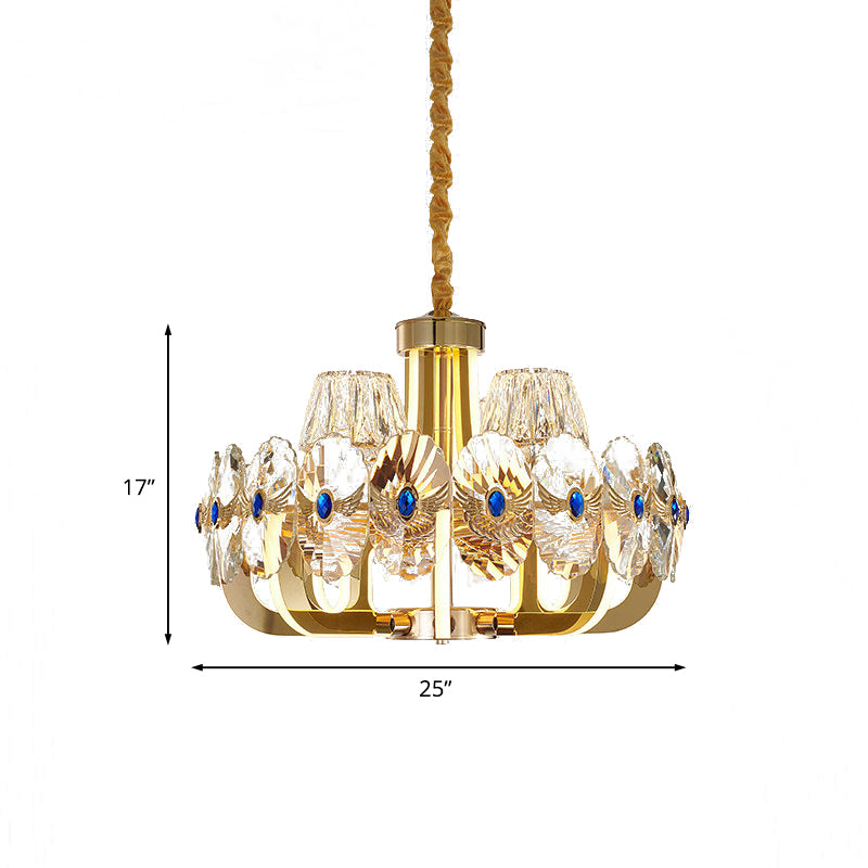 Round Panel Crystal Pendant Chandelier Modernist 8 Bulbs Living Room LED Ceiling Hang Fixture in Gold with Cone Shade