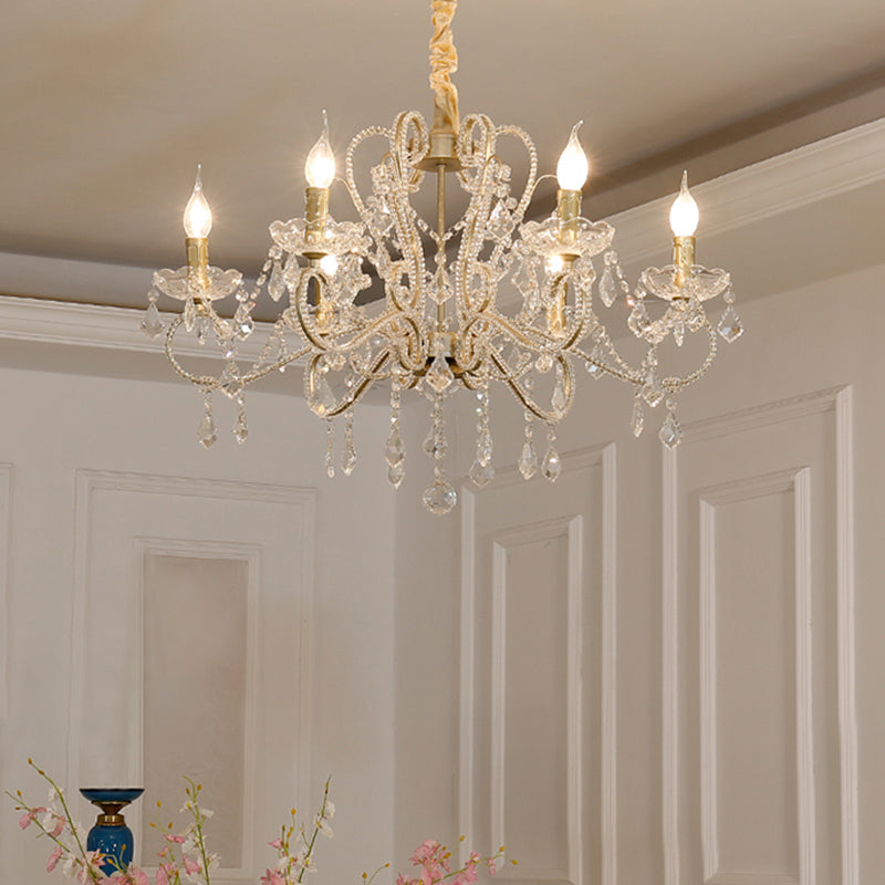 Tradizionalismo candelabra lampadario a 6-bulba a cristallo chiaro lampada appesa con braccio scorretto in metallo
