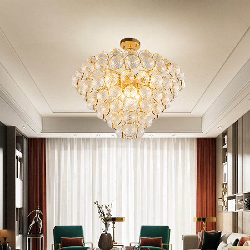 Tapered Bedroom Semi Mount Lighting Simple Clear Ribbed Crystal Ball Gold Ceiling Light Fixture