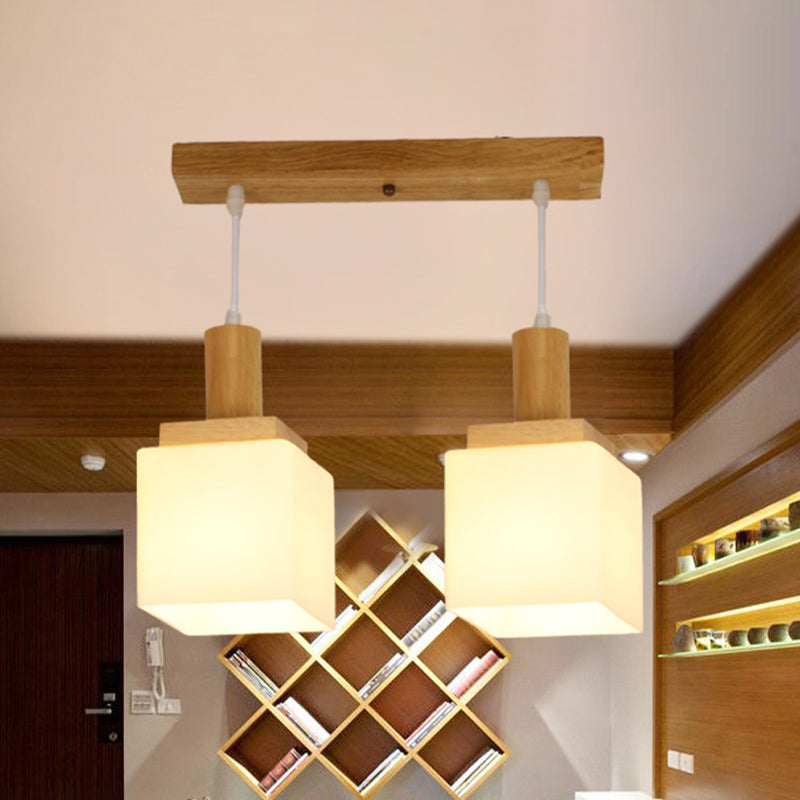 Wood Cube Multiple Hanging Light Modern 2/3 Heads Opal Glass Pendant Lamp Fixture with Linear Canopy