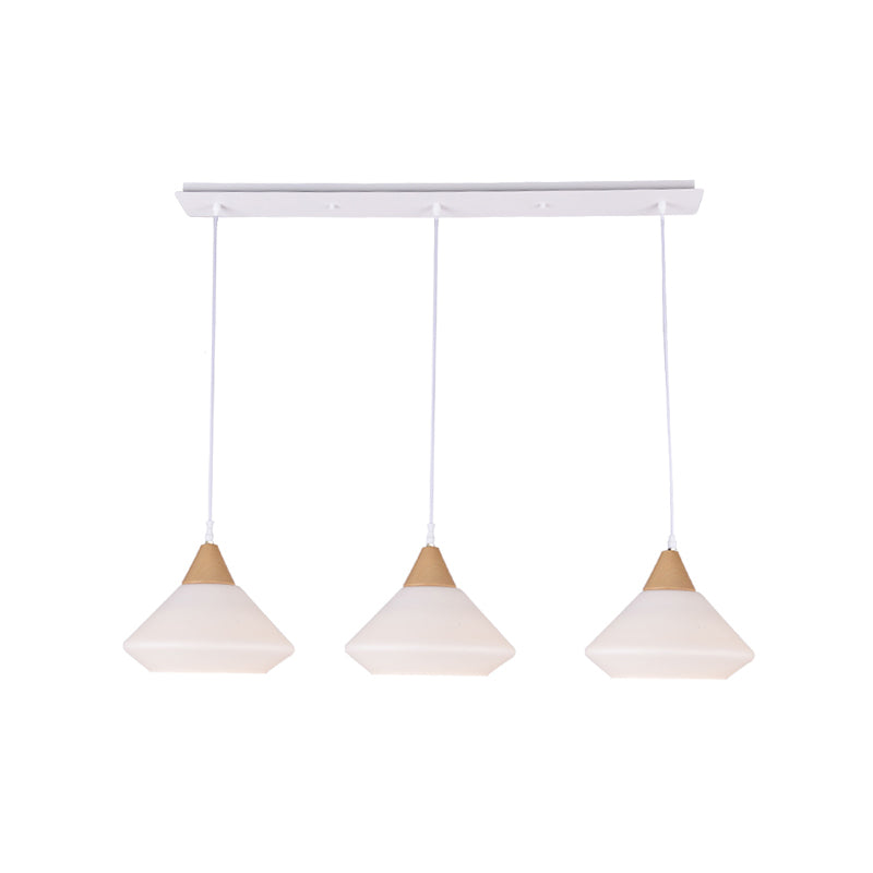 Wood Cone Multiple Hanging Pendant Light Simple 3 Bulbs Cream Glass Ceiling Lamp Fixture