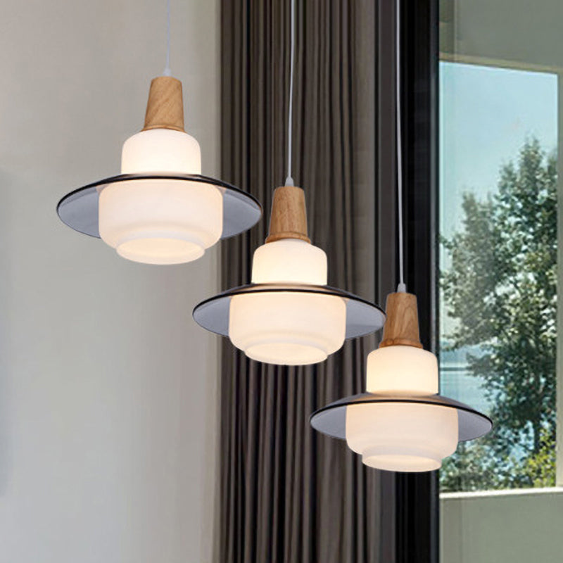 White Glass Gourd Multi Pendant Ceiling Light Modernism 3-Light Wood Hanging Lamp Fixture