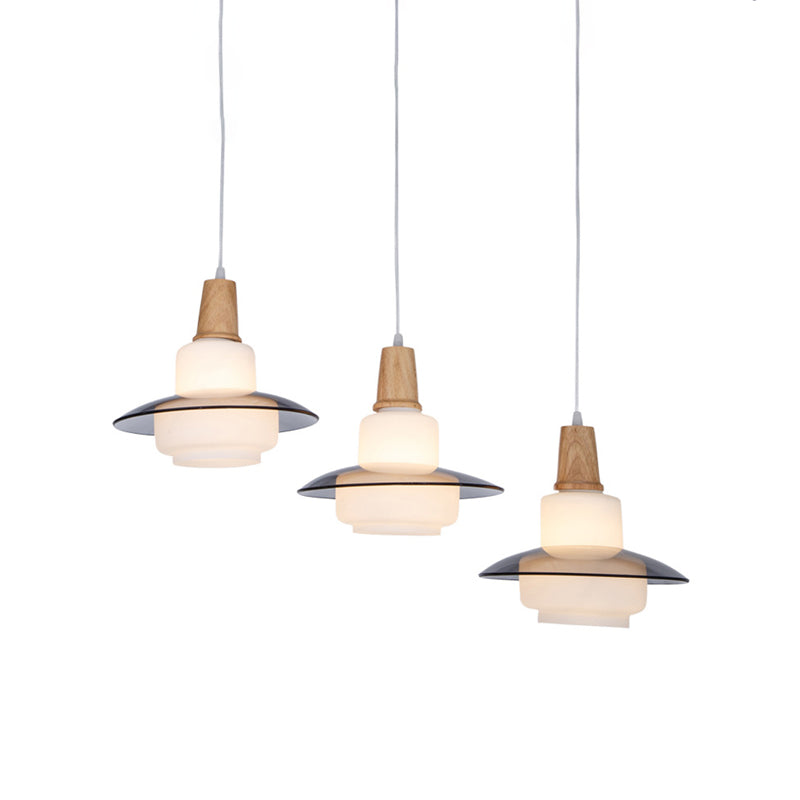 White Glass Gourd Multi Pendant Ceiling Light Modernism 3-Light Wood Hanging Lamp Fixture
