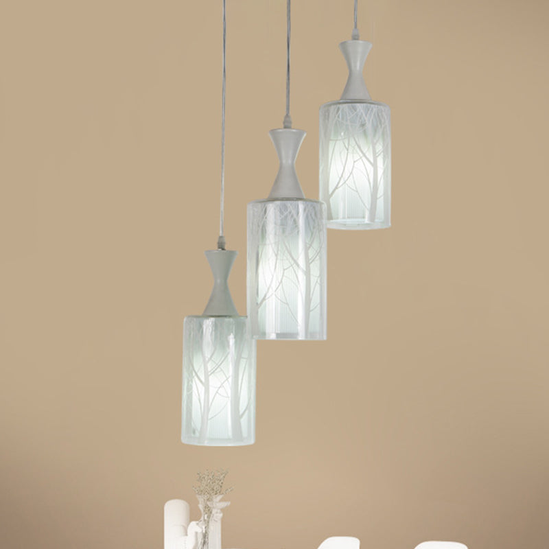 3 teste Sala da pranzo Light Multifiling Light Contemporary White Cipant Lampada con sfumatura in vetro a motivi cilindri