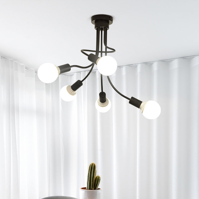 Black Finish Curved Arm Semi Flush Mount Light Minimalist 3/5 Bulbs Iron Flush Ceiling Lamp Fixture
