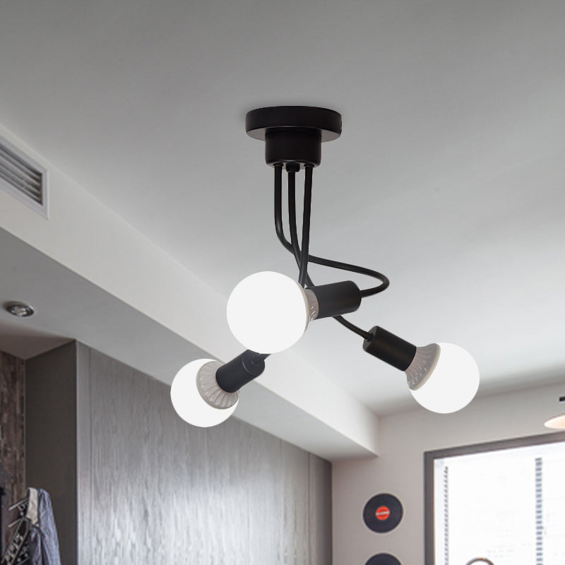 Black Finish Curved Arm Semi Flush Mount Light Minimalist 3/5 Bulbs Iron Flush Ceiling Lamp Fixture