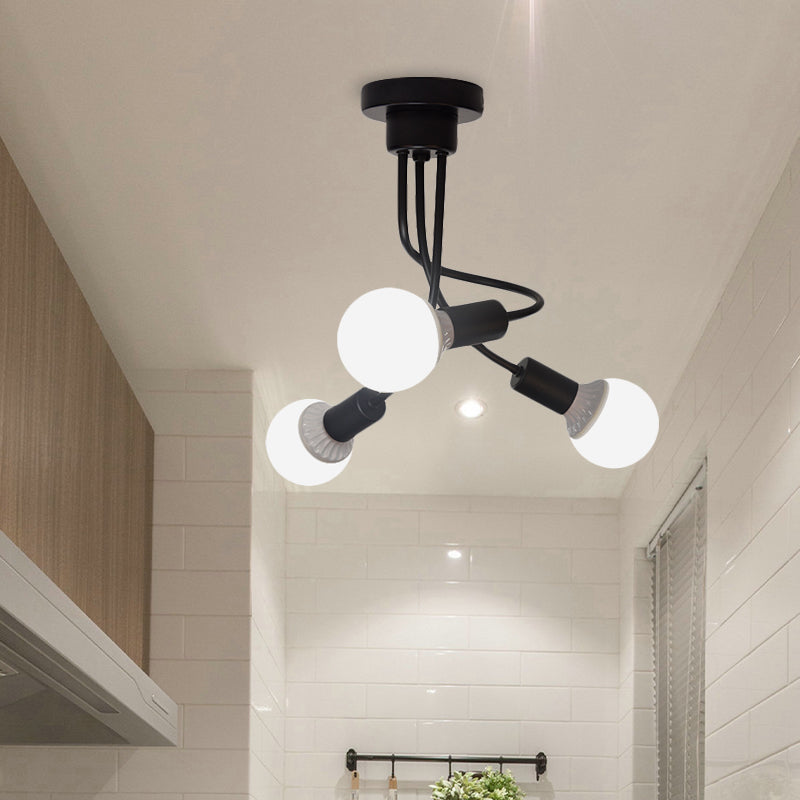 Black Finish Curved Arm Semi Flush Mount Light Minimalist 3/5 Bulbs Iron Flush Ceiling Lamp Fixture