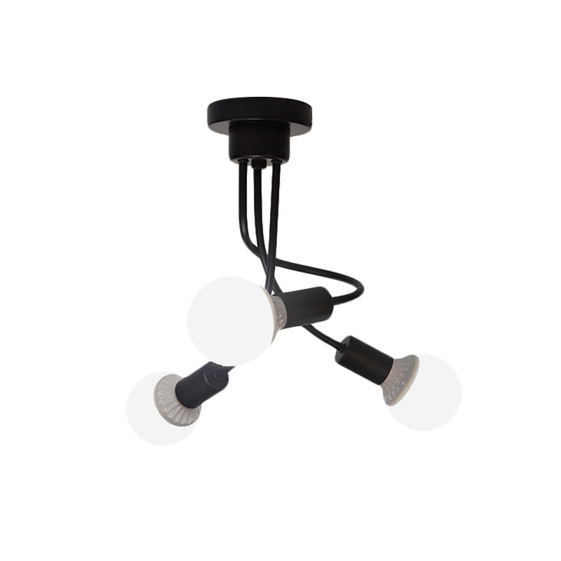 Black Finish Curved Arm Semi Flush Mount Light Minimalist 3/5 Bulbs Iron Flush Ceiling Lamp Fixture
