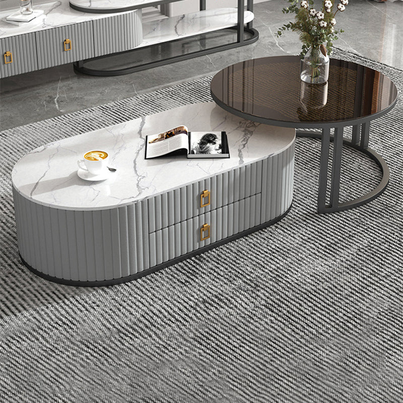 Oval Tropical Coffee Table Slate Storage 2 Nesting Coffee Table Set
