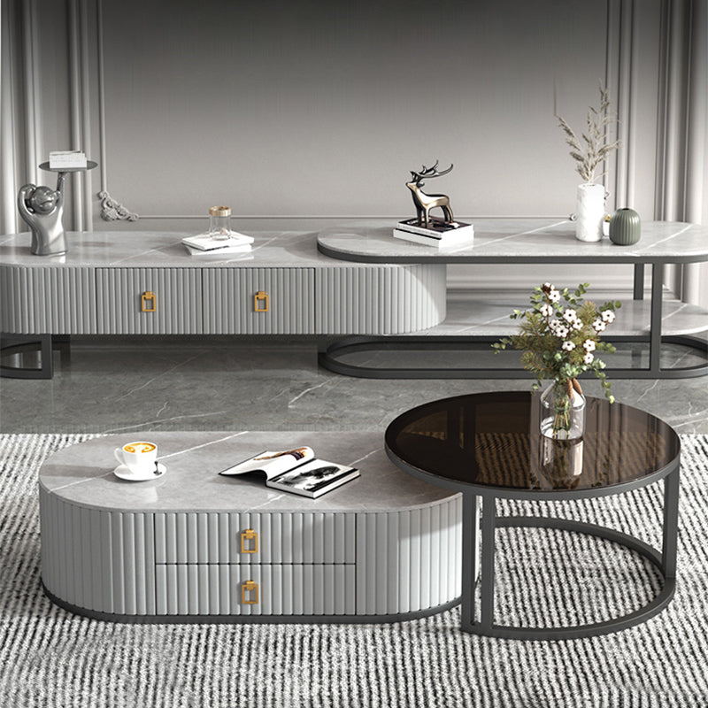Oval Tropical Coffee Table Slate Storage 2 Nesting Coffee Table Set
