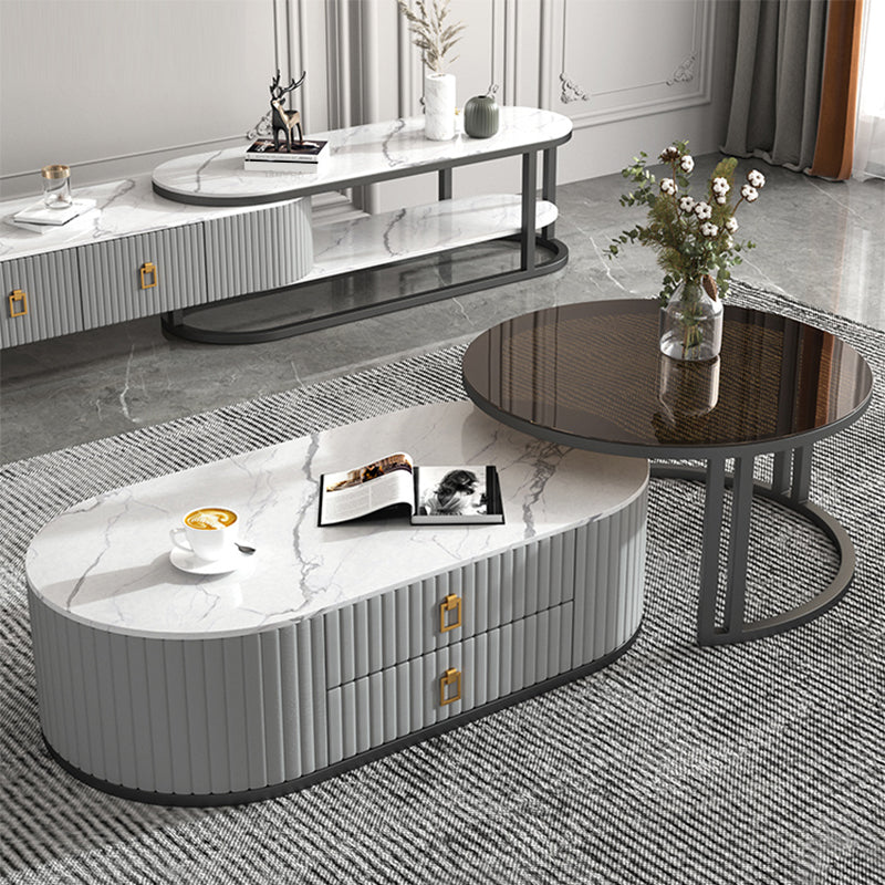 Oval Tropical Coffee Table Slate Storage 2 Nesting Coffee Table Set