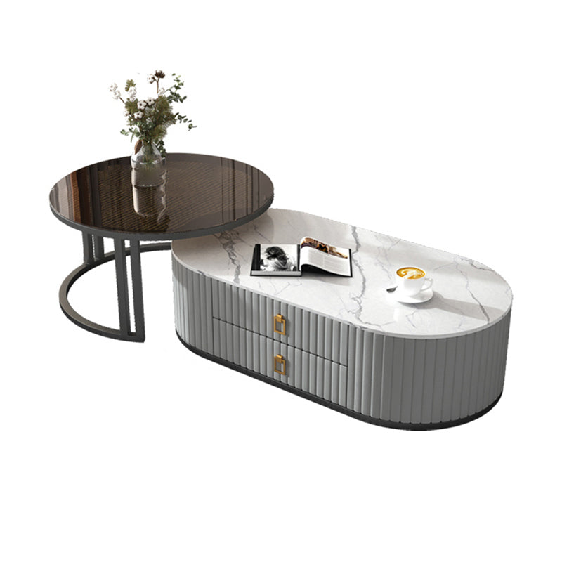 Oval Tropical Coffee Table Slate Storage 2 Nesting Coffee Table Set