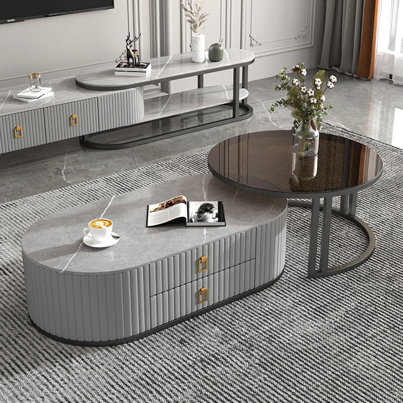 Oval Tropical Coffee Table Slate Storage 2 Nesting Coffee Table Set