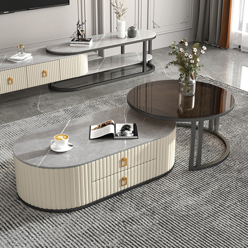 Oval Tropical Coffee Table Slate Storage 2 Nesting Coffee Table Set