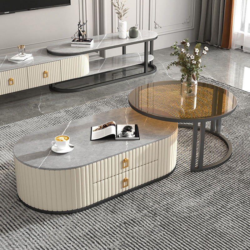 Oval Tropical Coffee Table Slate Storage 2 Nesting Coffee Table Set