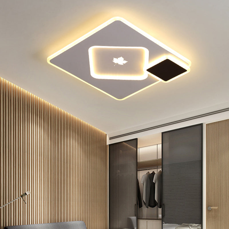 Round/Square Flush Mount Light Fixture Modern Acrylic 16"/19.5" Wide Black and White LED Flush Mount Lamp with Maple Leaf Pattern