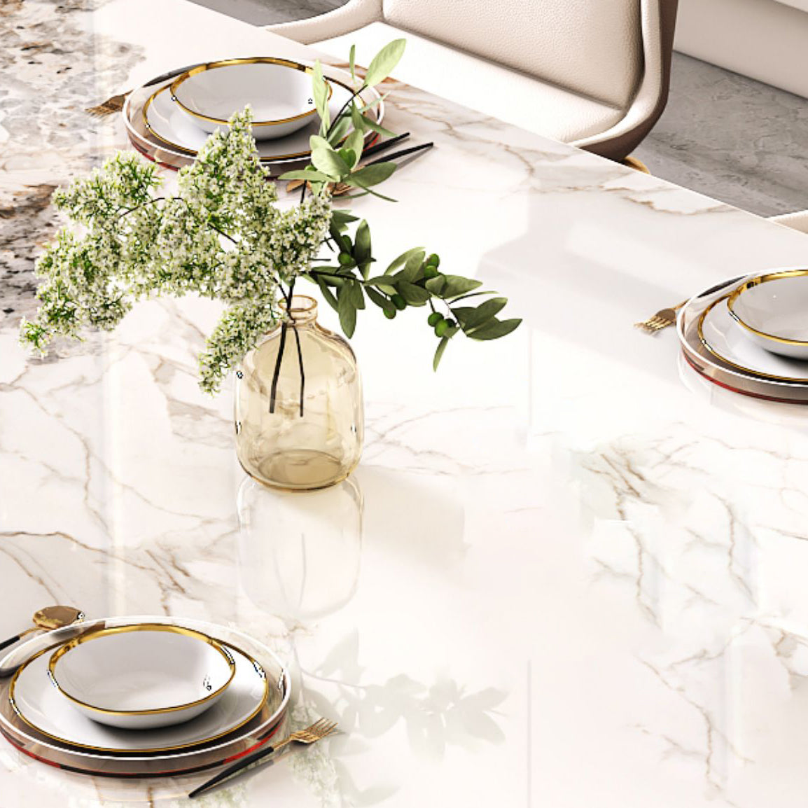 High Gloss White Dining Table Set 1/4/5/7 Pieces Stone Dinette Set for Kitchen