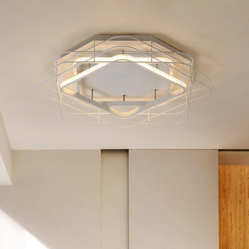 Acrylic Square Frame Flush Mount Lamp Modernist 20.5"/25" Wide Black/White LED Ceiling Fixture with Cage for Office in Warm/White Light