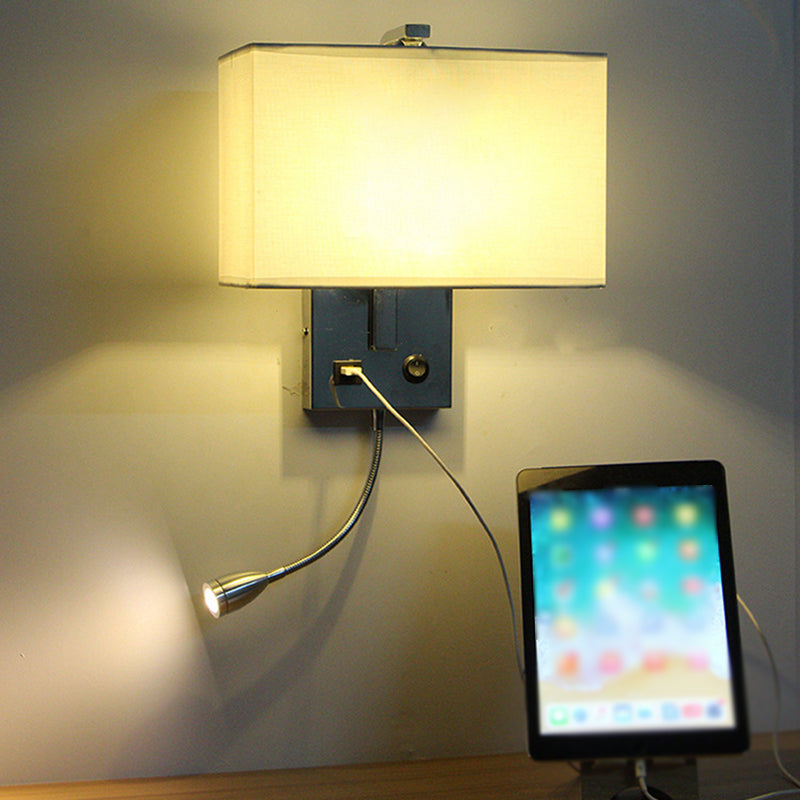 Adjustable Modern Metal Wall Sconce Rectangle Wall Light with Fabric Shade for Bedroom