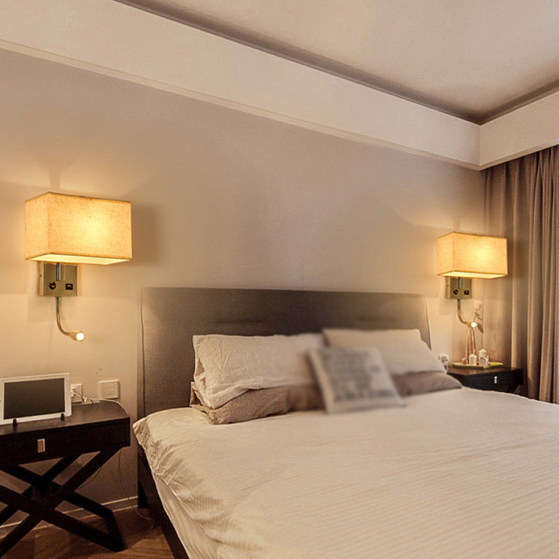 Adjustable Modern Metal Wall Sconce Rectangle Wall Light with Fabric Shade for Bedroom