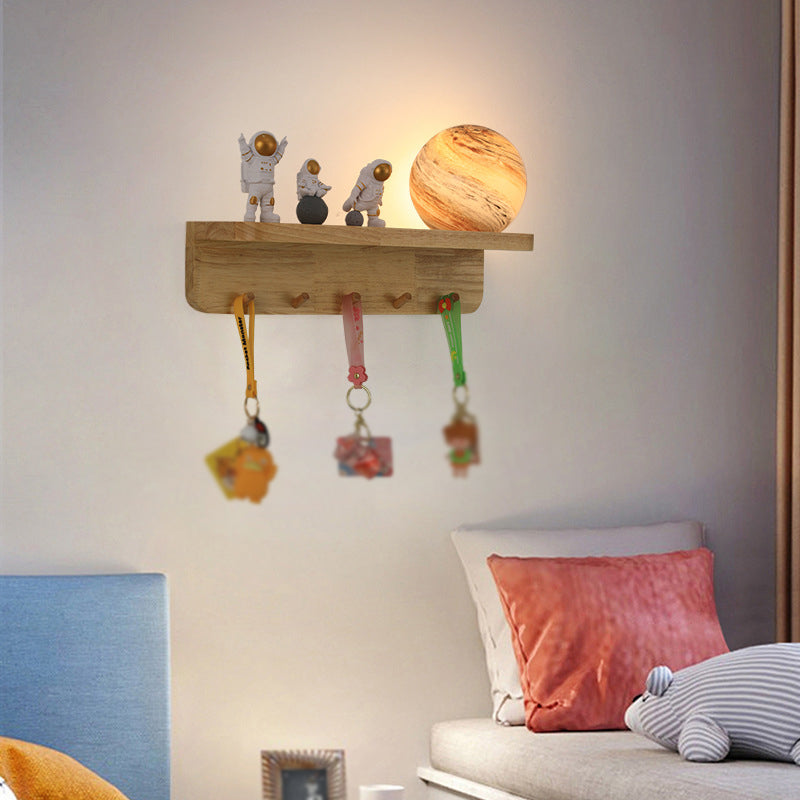 Modern Wood Wall Sconce Ball Shape Wall Light with Glass Shade without Decorations