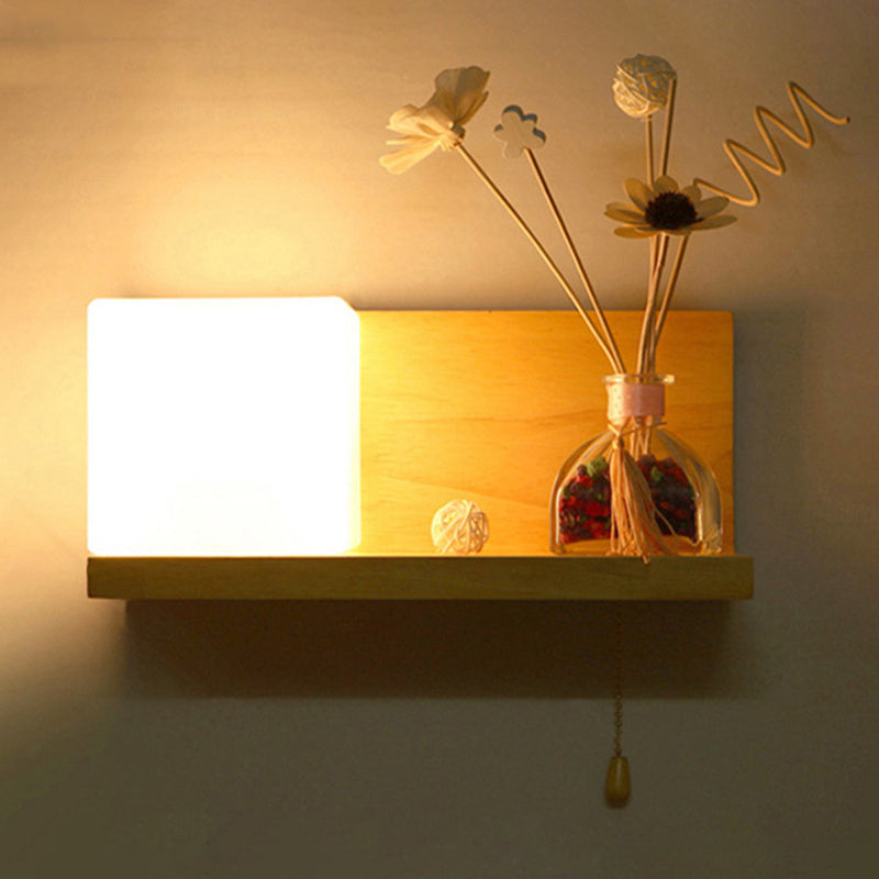 Contemporary Wall Light Fixture Wooden Wall Light Sconce with Glass Shade for Bedroom