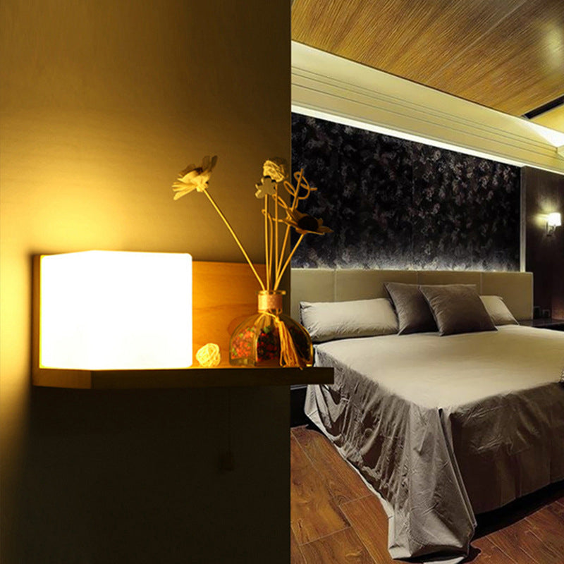 Contemporary Wall Light Fixture Wooden Wall Light Sconce with Glass Shade for Bedroom