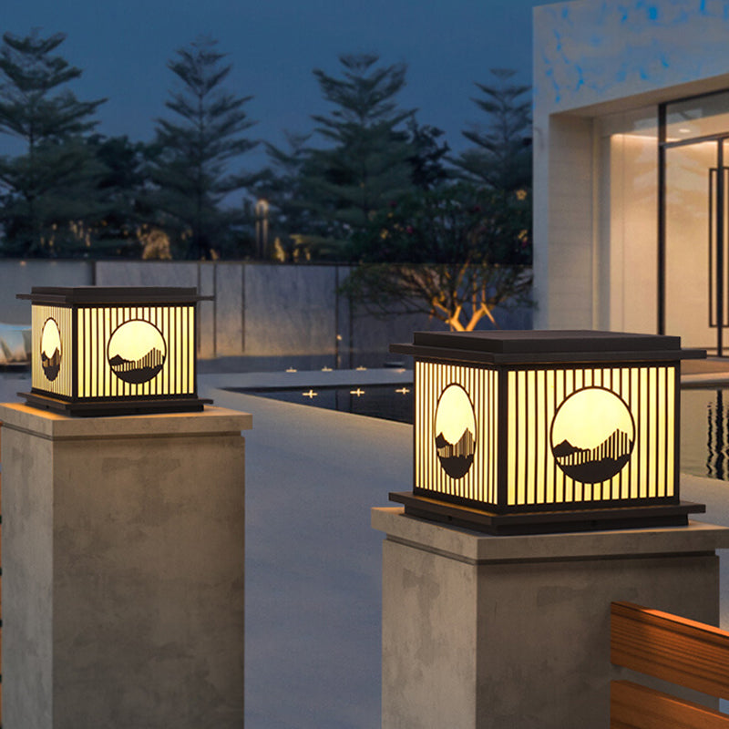 Rectangle Shape Metal Outdoor Lamp Modern Style 1 Light Waterproof Pillar Light in Black