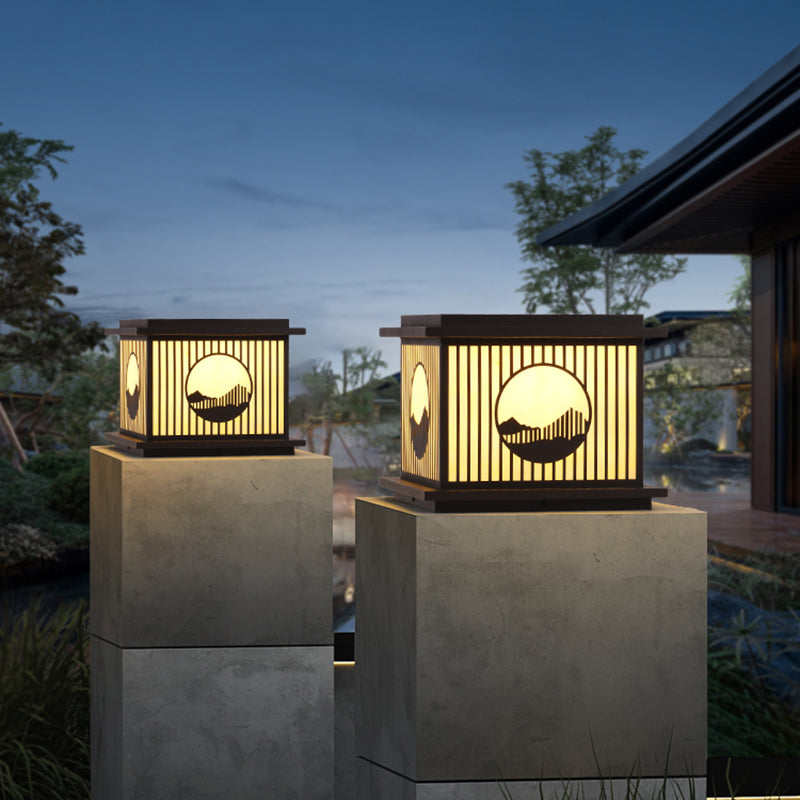 Rectangle Shape Metal Outdoor Lamp Modern Style 1 Light Waterproof Pillar Light in Black