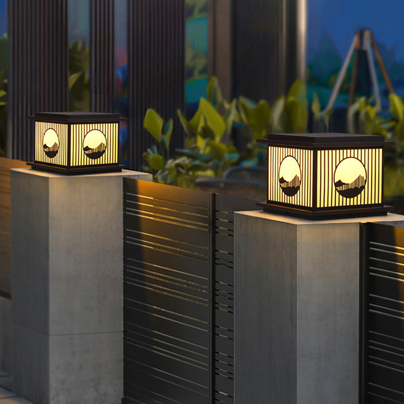 Rectangle Shape Metal Outdoor Lamp Modern Style 1 Light Waterproof Pillar Light in Black