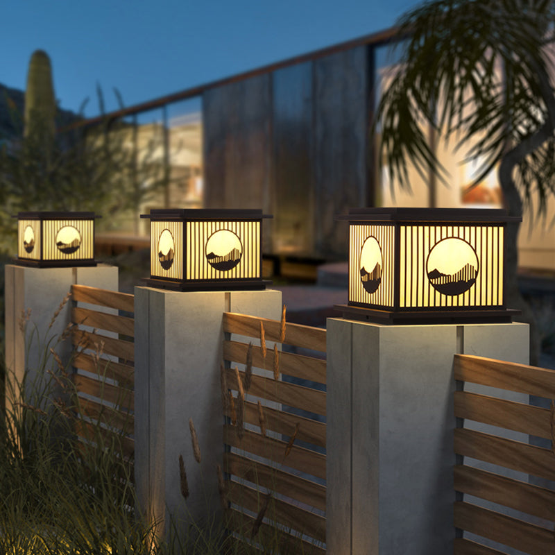 Rectangle Shape Metal Outdoor Lamp Modern Style 1 Light Waterproof Pillar Light in Black