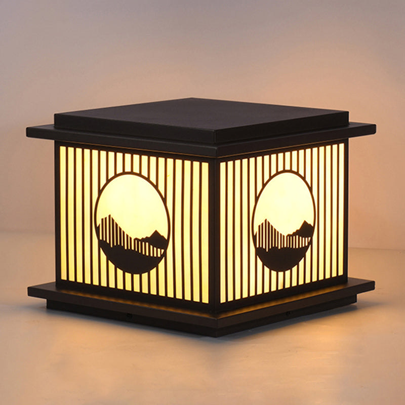 Rectangle Shape Metal Outdoor Lamp Modern Style 1 Light Waterproof Pillar Light in Black