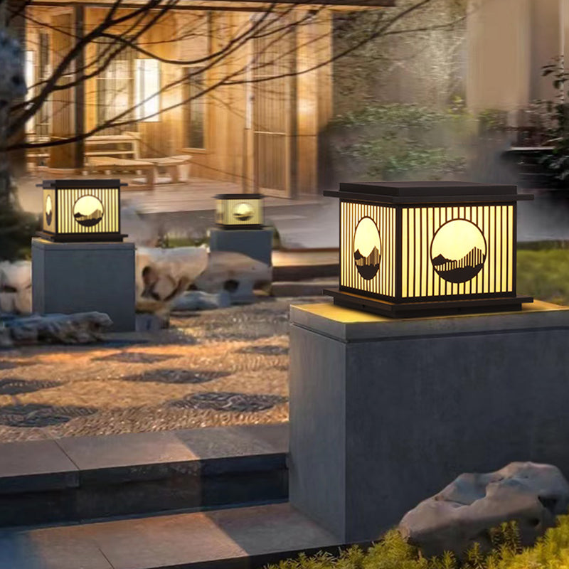 Rectangle Shape Metal Outdoor Lamp Modern Style 1 Light Waterproof Pillar Light in Black