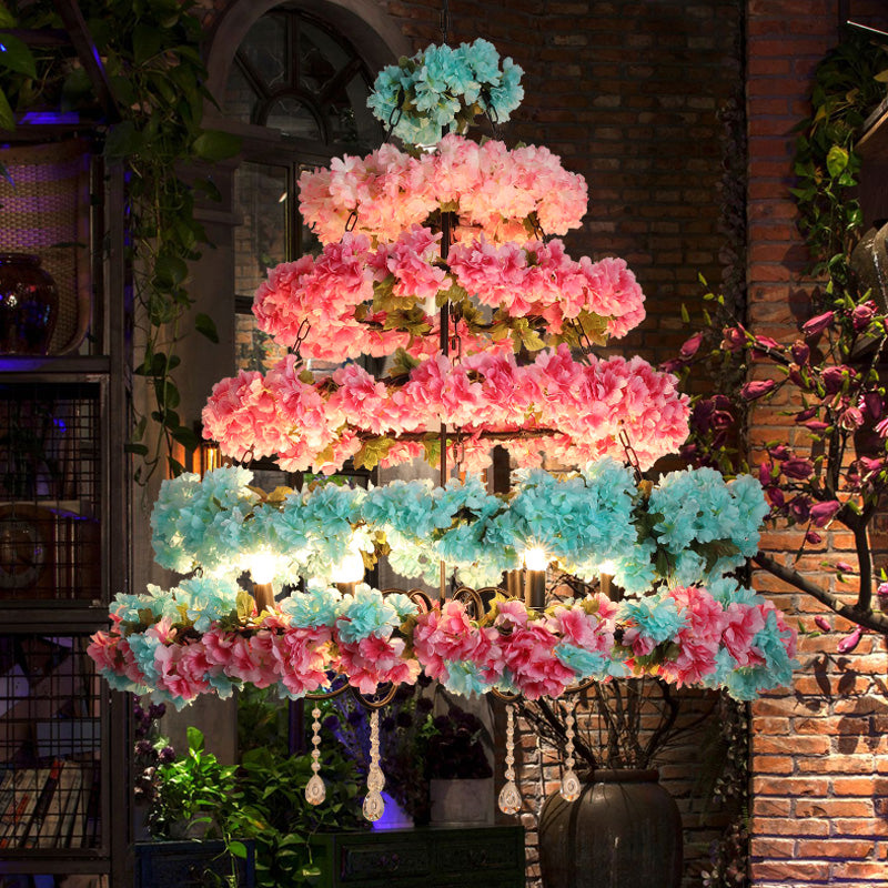 Roze en blauw 6 lampen kroonluchter loft ijzer multi -cirkel kooi bloem suspensie verlichting met kristal accent