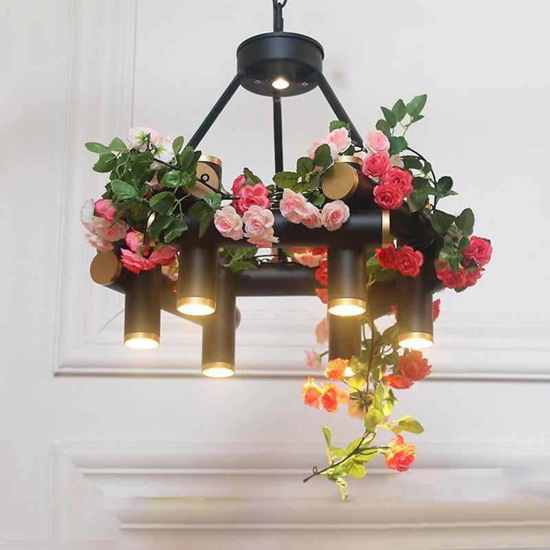 6-Light Chandelier Lamp Vintage Tubular Iron Down Lighting Pendant in Black with Artificial Flower