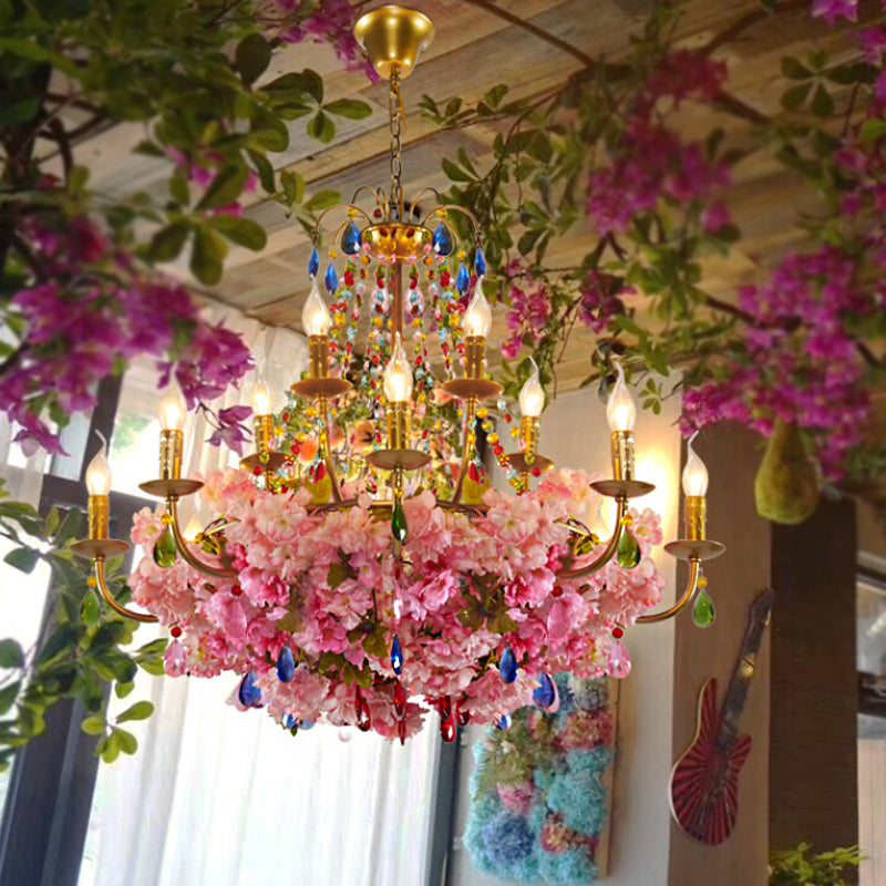 Candlestick Restaurant Hanging Chandelier Antique Iron 6/12 Lights Gold Flower Pendant with Colorful Crystal