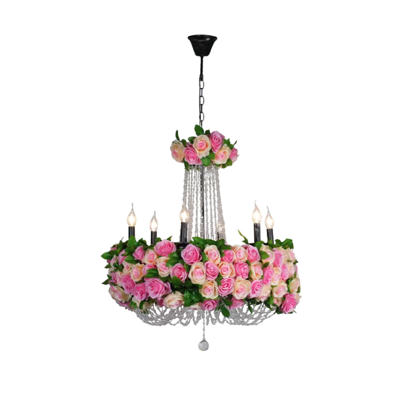 Farmhouse Candelabra Chandelier Iluminación de flores de hierro de 6 cabezas Luz de techo en rosa con acento de cristal